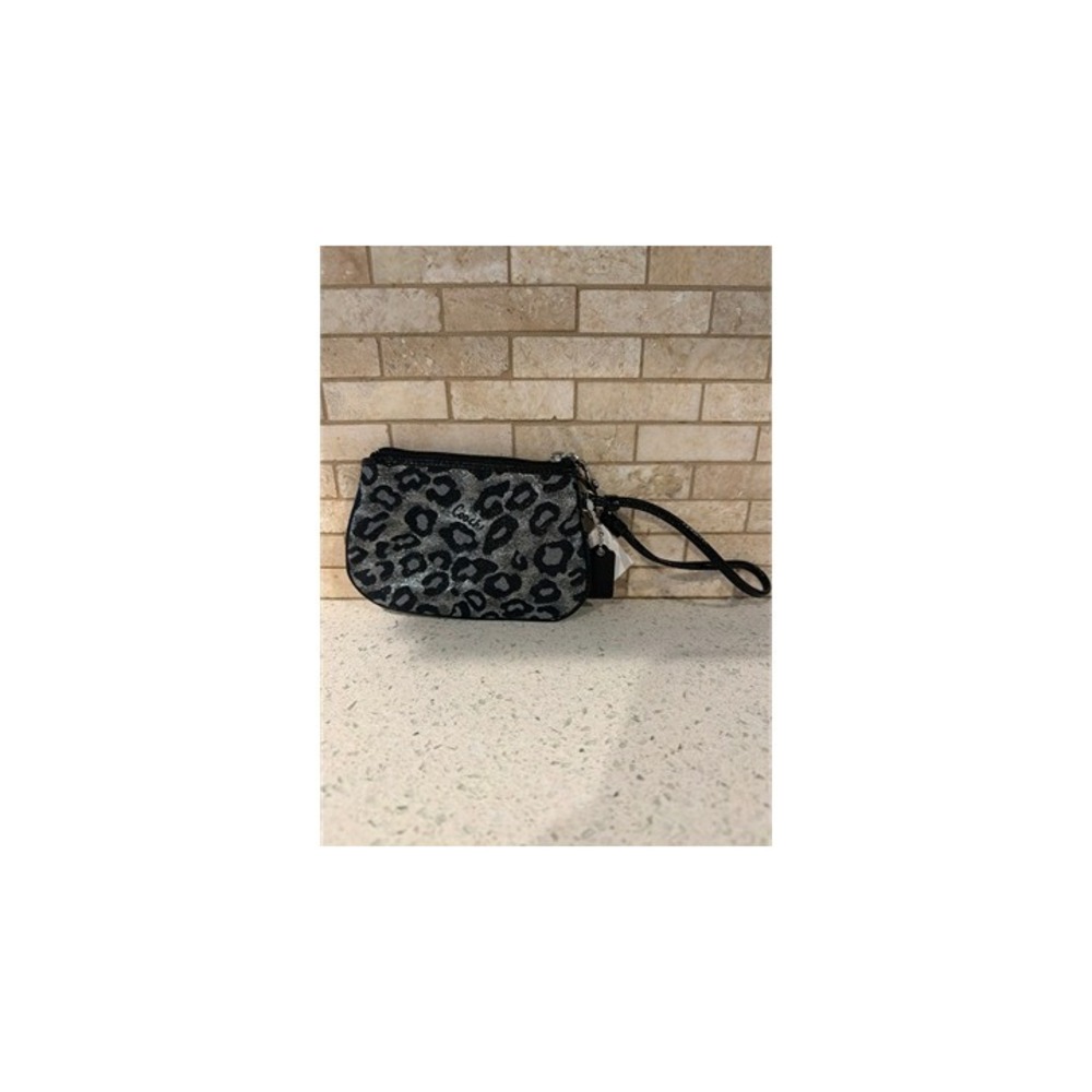 Coach Leopard Print Wristlet Black Gray Glitter Zip Pouch Small Clutch Purse